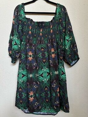 Noonday Collection Smocked Tie-Back Mini Dress Camellia Floral Green Blue M/L